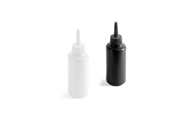 Blank black and white squeeze sauce bottle mockup, side view