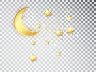 Ramadan gold decoration isolated on white background. Hanging Crescent Islamic with stars. Ramadan Kareem design element isolated. Vector frame for party posters, headers, banners