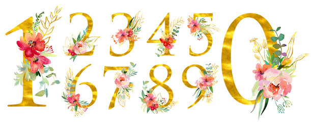Elegant summer decorated floral numbers. Golden digits 1,2, 3, 4, 5, 6, 7, 8, 9, 0 with a watercolor bouquet. Element for design