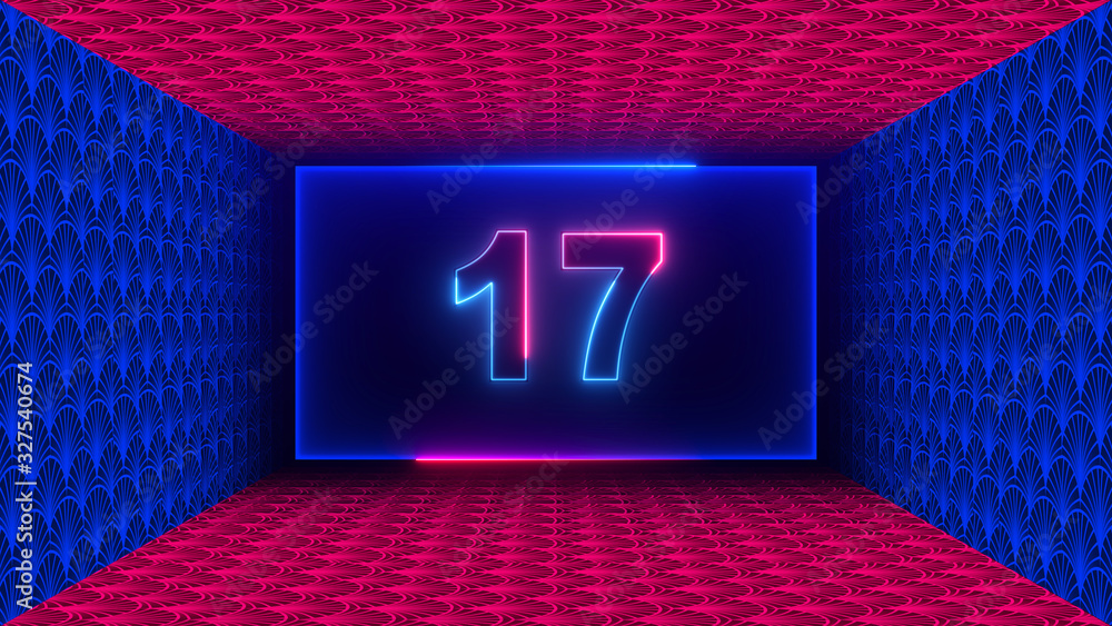 Poster number 17 neon light in the middle rectangle shape inside artistic texture rectangle geometric space