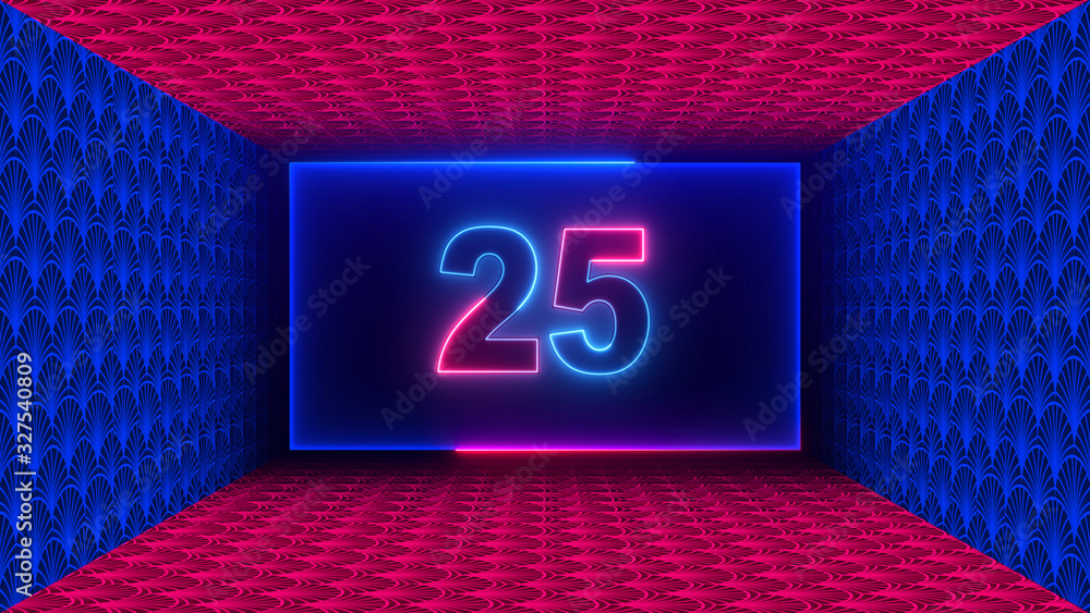 Poster number 25 neon light in the middle rectangle shape inside artistic texture rectangle geometric space