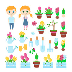 Seth spring and gardening: children, tulips, flower pots, decorative fences, daffodils, hyacinths and their bulb, one watering can and watering can with flowers, ceramic pots, rakes, shovels.
