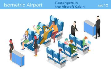 Stewardesses serve passengers on airplane in Aircraft Cabin People travel fly by plane isomatric vector illustration