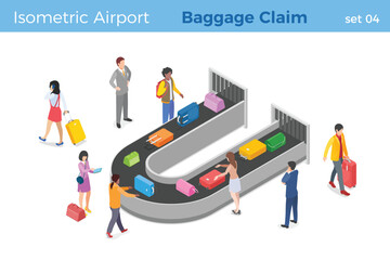 People pick up luggage in Airport Baggage Claim area from Conveyor Belt isometric vector illustration