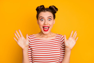 Close-up portrait of her she nice-looking attractive lovely charming amazed cheerful cheery girl black Friday reaction isolated over bright vivid shine vibrant yellow color background