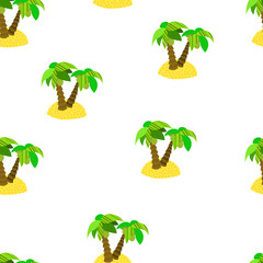 seamless pattern of Sand island with two green palm trees on the sea on white background. Bright illustration in flat style. Marine and summer theme. Good for print in kids room or tour travel shop