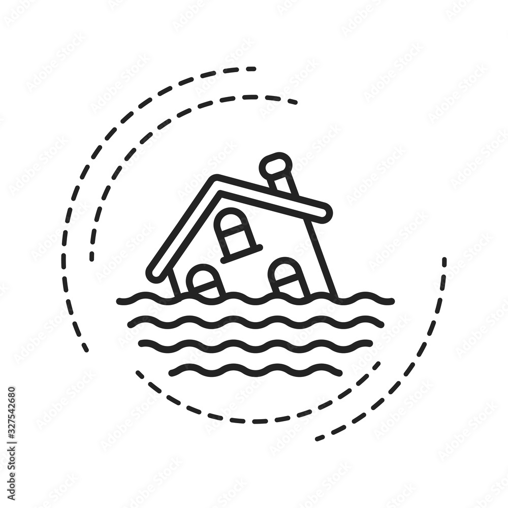 Poster flood black line icon. an overflow of water that submerges land that is usually dry. pictogram for w