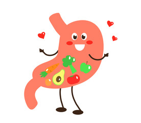 Happy stomach and vegetables on a white background. Vector illustration.