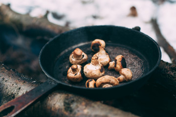 Fried mushrooms in a pan in the forest. Fried food in nature. Picnic in the winter forest. Cooking on an open fire. Champignon on a fire..