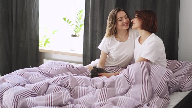 Two young beautiful women stroking their domestic cat in bed in the morning.