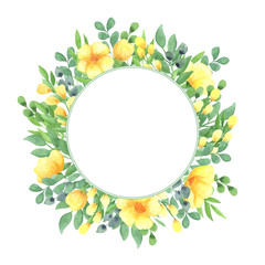 watercolor illustration round frame with yellow flowers and green leaves on a white background. spring summer mood. space for text. cards,design,wedding, greetings, wallpaper background.