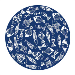 Around motif with fish. Vector card.