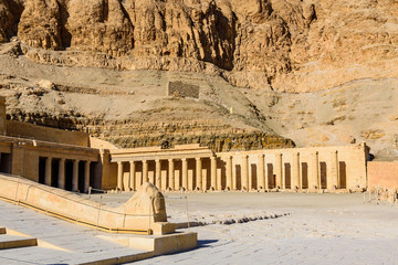 View on a temple of Hatshepsut under the high cliffs in Luxor, Egypt