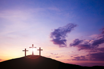 Three cross on the hill, Jesus Christ from the Bible. Easter, Religion. Salvation of sins, sacrifice