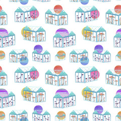 Watercolor seamless pattern with greenhouses with mushrooms and spots of paint on a white background. Garden print with houses and abstract sun. Design for spring and summer season. Mushrooms in the g