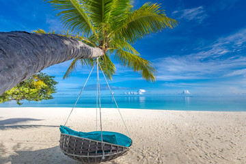 Luxury beach. Luxury travel background. Summer vacation or holiday concept on tropical beach, palm tree and an amazing swing over white sand with sea view.