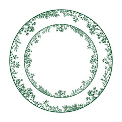 Plants pattern circular design for plates with leaves and berries or some other material things bearing an image floral printed. Silhouette isolated on white background