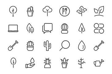 A set of Rosteniya Icons, and garden care, Vector illustration, Contains Icons such as tree, cactus, watering can, spade, flower and much more. on a white background, editable bar 480x480