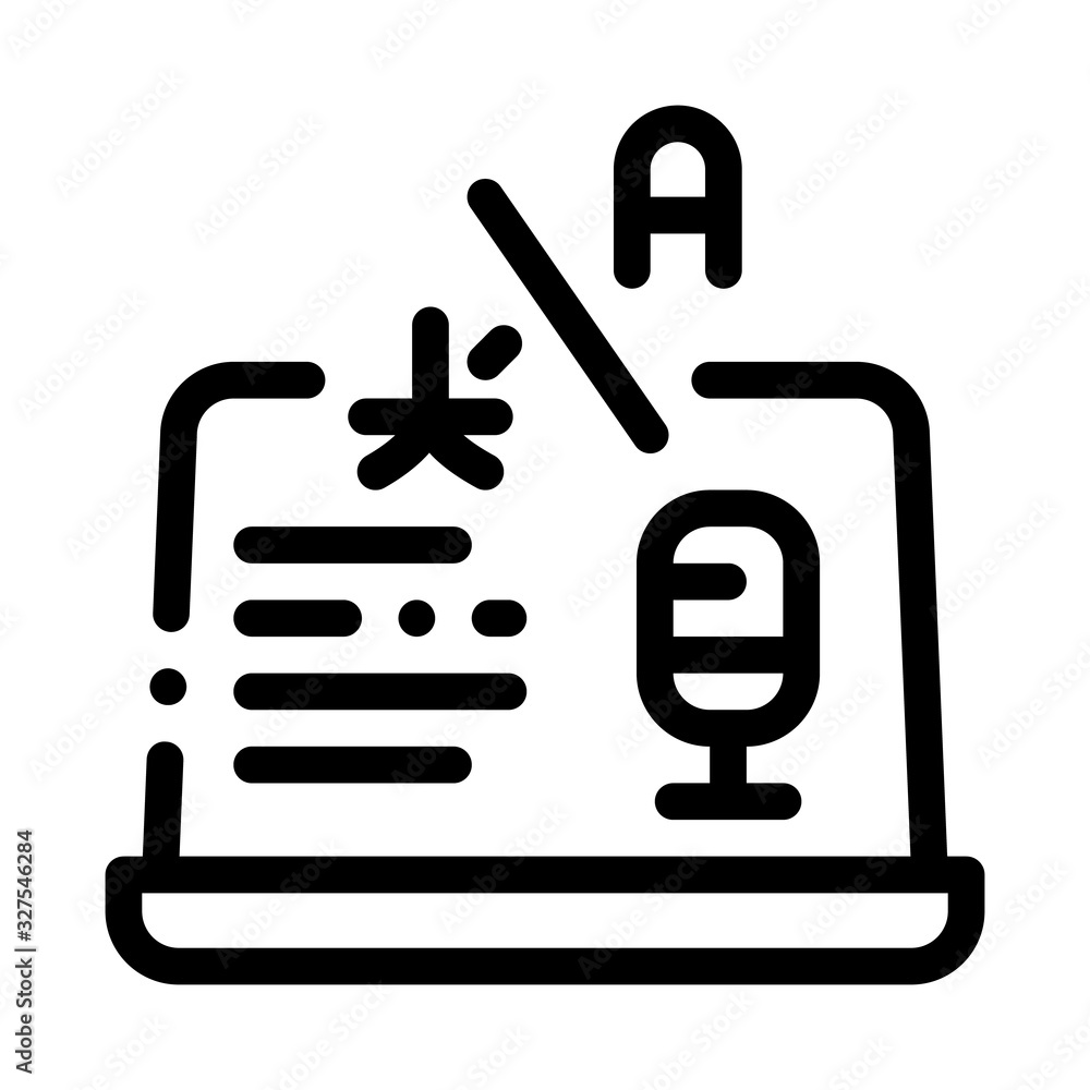 Poster laptop translation program icon thin line vector. microphone on laptop display, internet interpreter