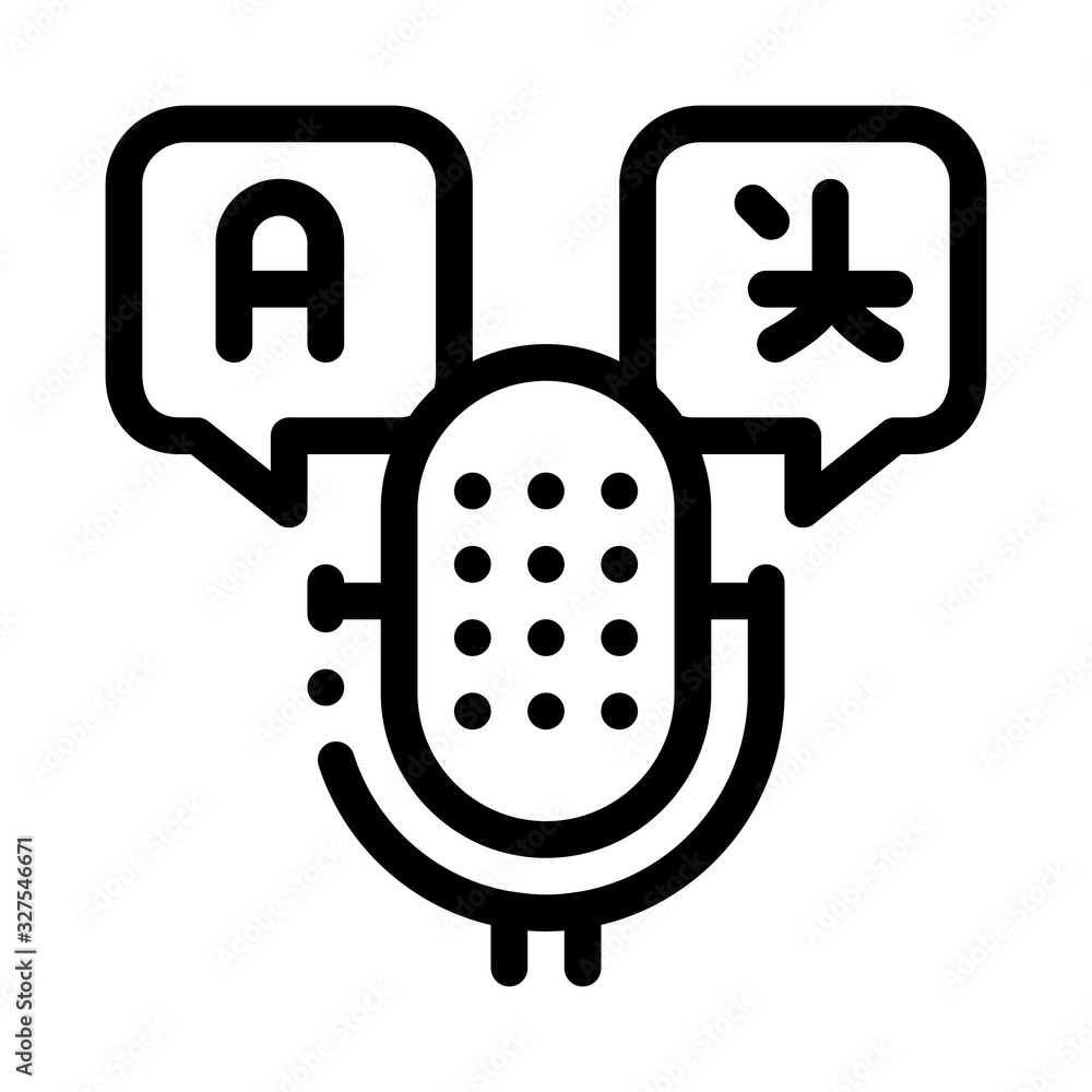Poster microphone voice device icon thin line vector. microphone interpreter and alphabet letters in quote 