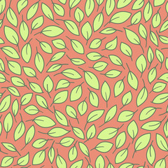 Beautiful light green leaves seamless pattern on orange background. Cartoon style vector illustration in minimalism.