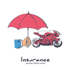 Insurance motorcycle. Vector illustration sketch design. Isolated on white background. Hand insurer with an umbrella that protects motorbike. Safety concept moto.