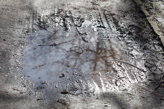 Wasserpf&uuml;tze auf einem Weg im Gegenlicht, Schlamm, Matsch