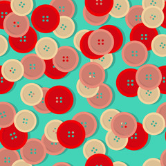 Seamless pattern of beige, red and powdery clothing buttons. Illustration in flat style. Modern colors spring and summer 2020. Background for fashion sewing Studio, print on textile or package.