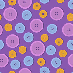 Seamless vector pattern of blue, saffron and viol clothing buttons. Illustration in flat style. Modern colors spring and summer 2020. Background for fashion sewing Studio, print on textile or package.