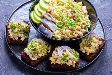 Authentic jewish forshmak over rye bread toasts