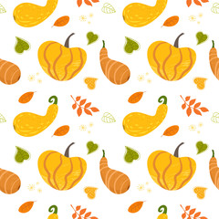 Seamless pattern with pumpkins and autumn decor. Vector pattern in cartoon style.