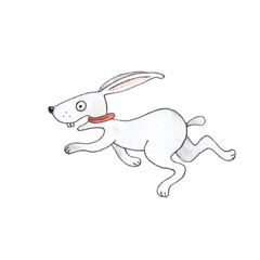 Watercolor illustration of a running grey hare 