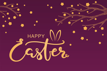 Card, invite, banner design with spring flowers, text Happy Easter with bunny ears. Gold on purple background. Vector illustration. Concept for holiday celebration decor element. Flat style.