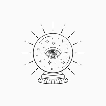 Magic crystal ball future. Witch and magic symbol, monochrome vector illustration, isolated on white background