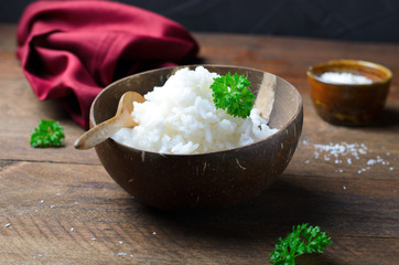 Coconut Rice, Cooked Rice Served in Coconut Shell
