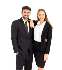 Two young male businessmen and a young woman isolated on a white background.