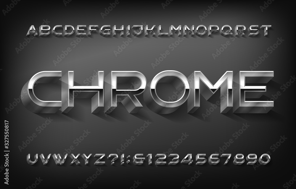 Poster chrome alphabet font. 3d thin metallic letters and numbers with shadow. stock vector typeset for you
