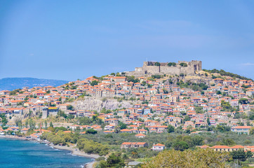Fototapeta na wymiar The old traditional village of Molivos with the medieval castle in Mythimna Lesvos Greece