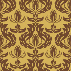 Damascus. Seamless pattern in vector. Brown and yellow background color. Wallpaper, fabrics, unique interior design