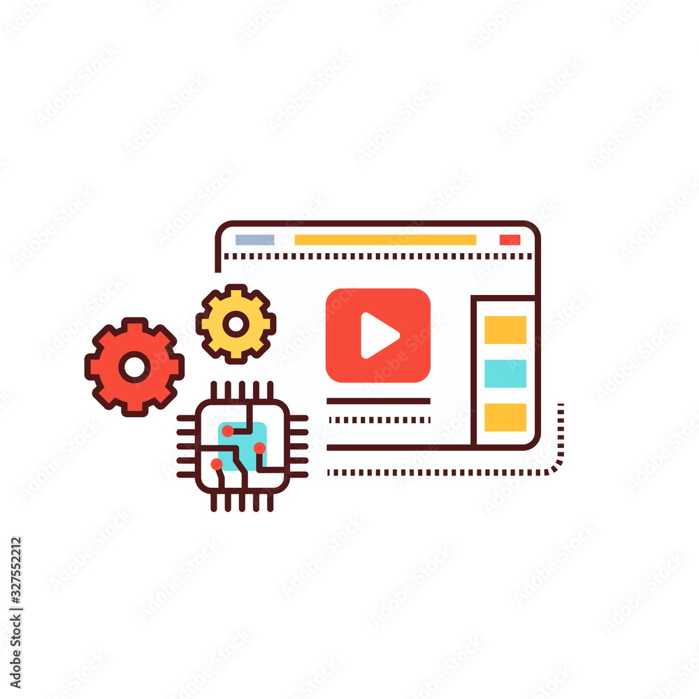 Poster technology blog web site color line icon. overview technology and models gadgets and devices video s
