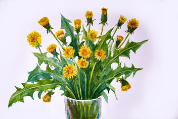 Watercolor painting, dandelions, wildflowers bouquet