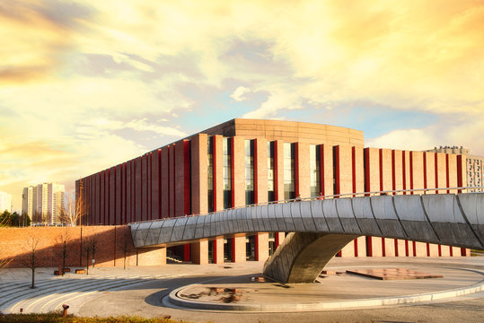 Katowice, 1 March 2020, National Symphony Orchestra in Katowice. The building of the Polish Radio Orchestra, the largest acoustic hall, place of performances and concerts. A red brick building.