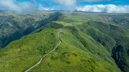 Aerial drone view of curvy road in "Paul da Serra", Madeira island, Portugal, in a sunny day
