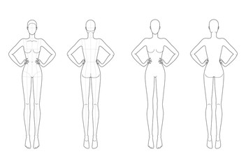Fashion template 9 head for technical drawing with main lines. 