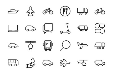 Set of public transport related vector line icons. Contains icons such as bus, bike, suitcase, car, scooter, truck, transport, trolley bus, sailboat, motor boat, plane and much more. Editable stroke.
