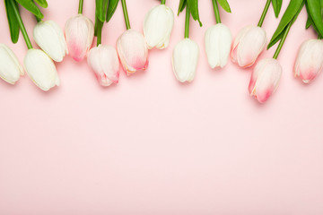 Copy-space blooming tulips on pink background