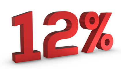 Number Twelve Percent 12% Red Sign 3D Rendering Isolated on White Background