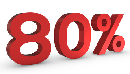 Number Eighty Percent 80% Red Sign 3D Rendering Isolated on White Background