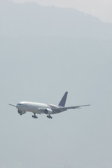 The plane is flying in the clouds, copy space for design. the effect of noise as a creative idea