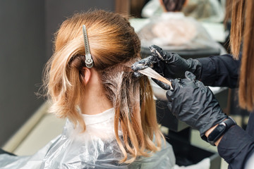 Hairdresser dyeing woman's hair.